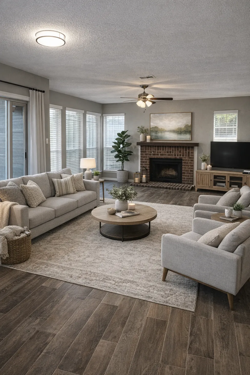 An apartment interior with a fireplace