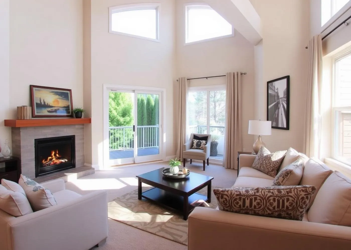 An apartment living room with a fireplace and patio doors